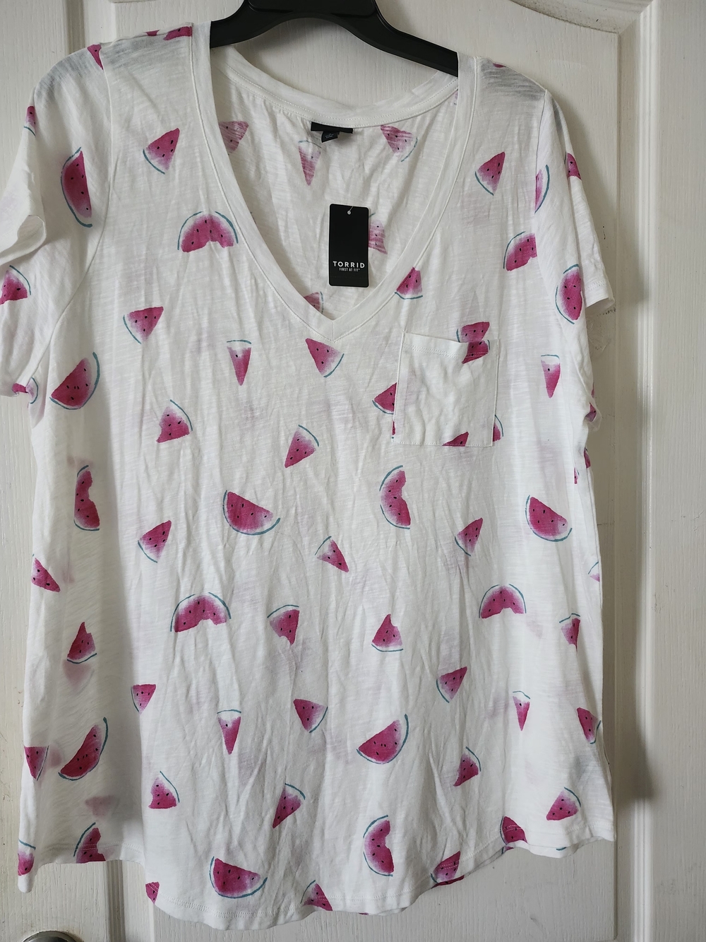 Torrid White Watermelon Print V-Neck Pocket Tee